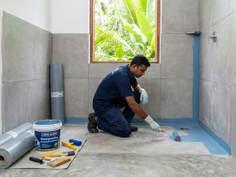 Professional bathroom waterproofing service in Sri Lanka - Expert applying waterproof membrane
