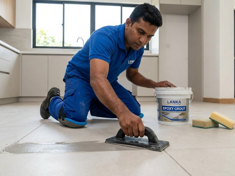 Professional epoxy grout works service in Sri Lanka - Expert applying durable waterproof epoxy grout to tile joints